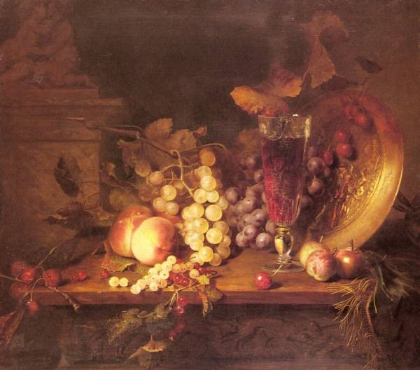 Desgoffe Blaise Still Life With Fruit A Glass Of Wine And A Bronze Vessel On A Ledge